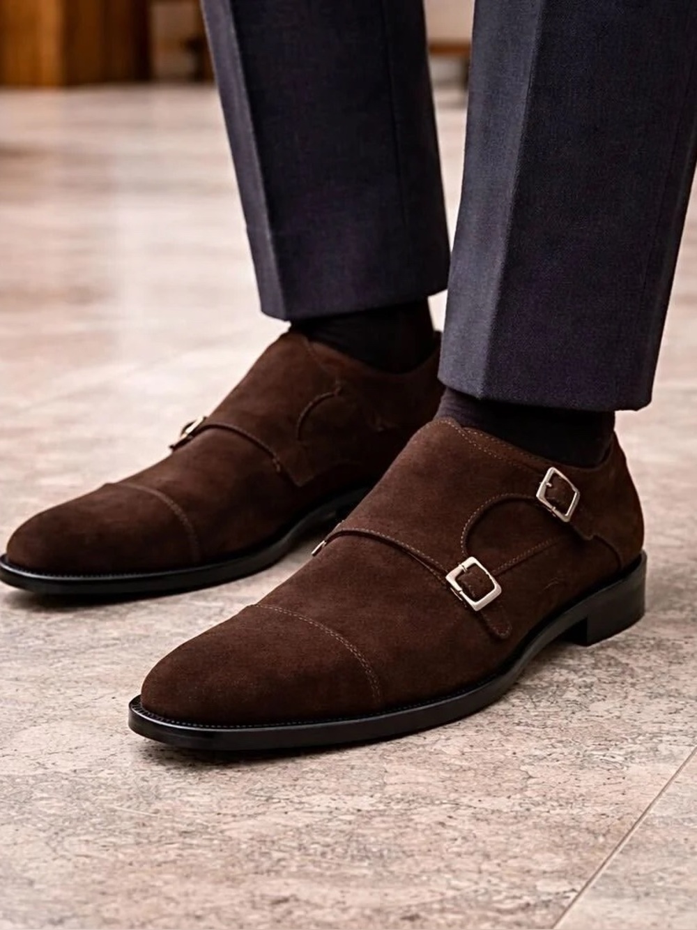 Suitsupply Brown Suede Double Monk Strap Shoe US 11 285 mm